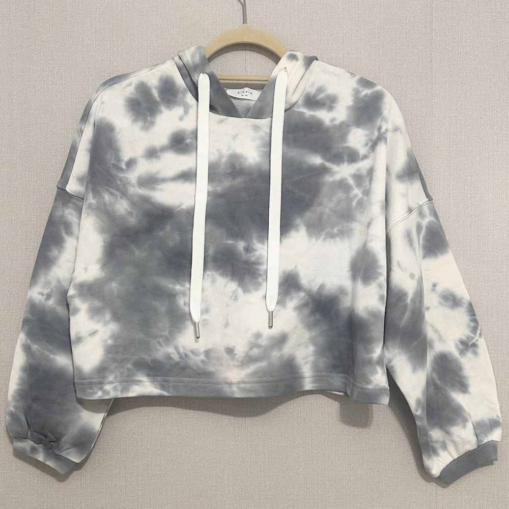Elodie Womens Gray White Tie Dye Cropped Hoodie Sweatshirt Oversized XS NEW